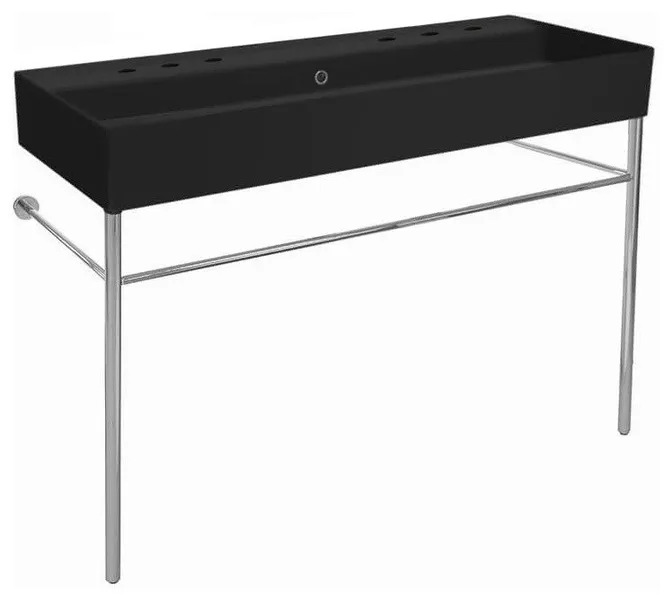 Double Matte Black Ceramic Console Sink and Polished Chrome Stand, Six Hole