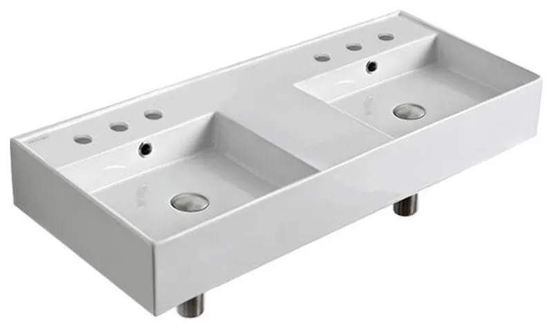 Double Rectangular Ceramic Wall Mounted or Vessel Sink, Six Hole
