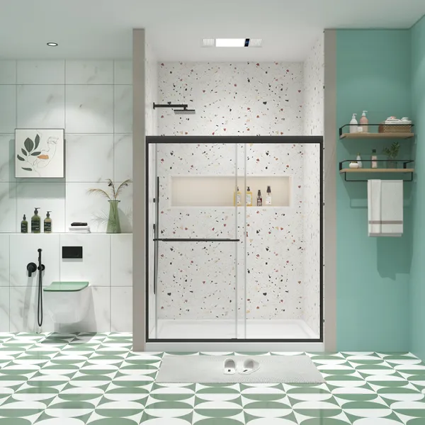 Double Sliding Framed Bypass Shower Door, 1/4" Clear Tempered Glass, Matte Black, 48" X 70"