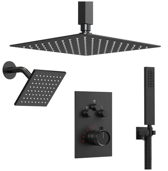 Dual Heads 12" & 6" Shower System w/ Thermostatic Faucet, Ceiling/Matte Black