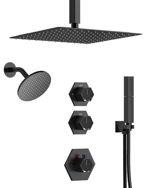 Dual Heads 12" Rainfall & High Pressure 6" Shower System With Thermostatic Valve, Matte Black