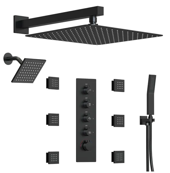 Dual Heads 16" Thermostatic Shower System With Hand Shower, Matte Black