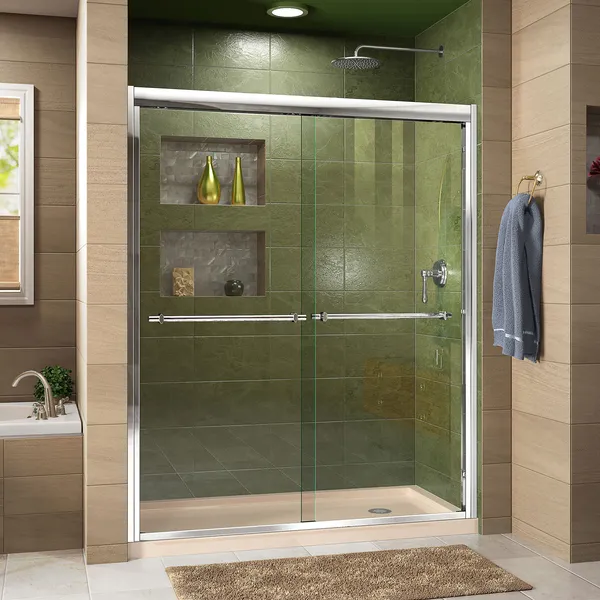 Duet 30"Dx60"W Semi-Frameless Bypass Shower Door,Chrome,Right Drain Biscuit Base