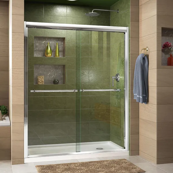 Duet 30"Dx60"W Semi-Frameless Bypass Shower Door, Chrome, Right Drain White Base