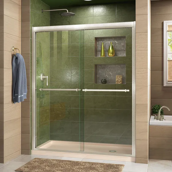 Duet 32" Bypass Shower Door, Brushed Nickel, Right Drain Biscuit Base