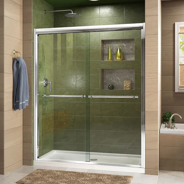Duet 32"Dx60"W Semi-Frameless Bypass Shower Door,Chrome,Center Drain White Base