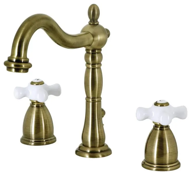 Durable Brass Bathroom Faucet with Curved Spout and Crossed White Handles, Antique Brass