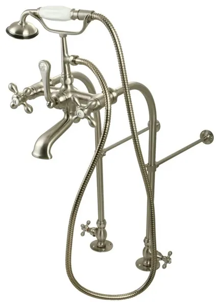 Durable Free Standing Bathtub Faucet with Hand Shower and 4-Cross Handles, Brushed Nickel