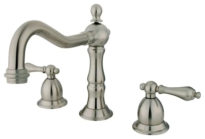 Durable Widespread Bathroom Faucet with Brass Construction and Curved Spout, Brushed Nickel