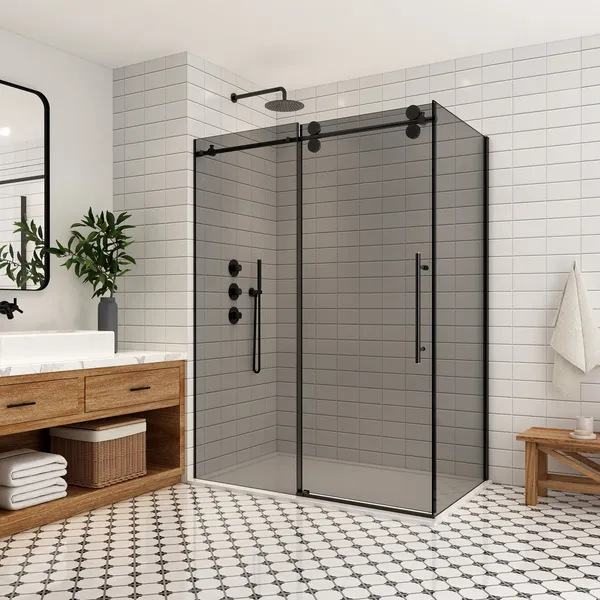 Echarri Rectangle Sliding Frameless Shower Enclosure, Tinted Glass, Matte Black, 56" W X 78"h