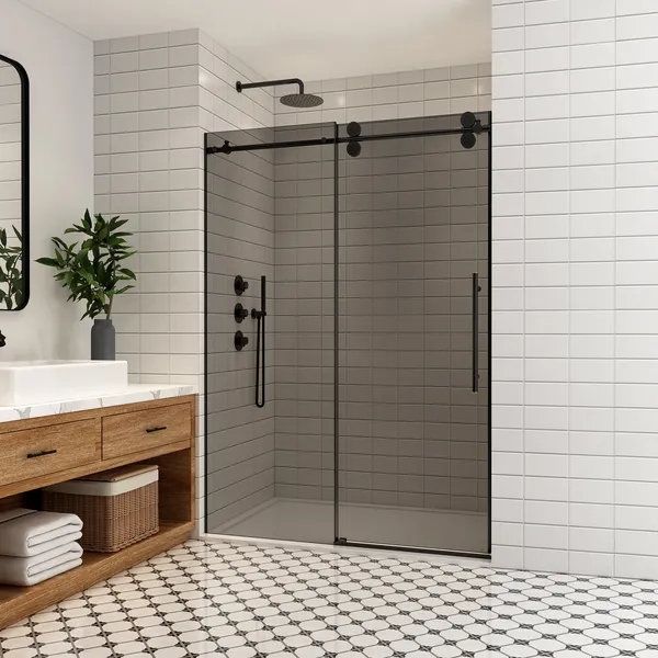 Echarri Single Sliding Frameless Shower Door, Tinted Glass, Matte Black, 48" W X 78"h