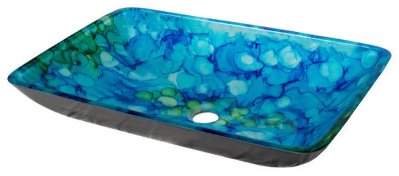Eden Bath EB_GS62 Blue and Green Water Lilies Rectangular Glass Vessel Sink