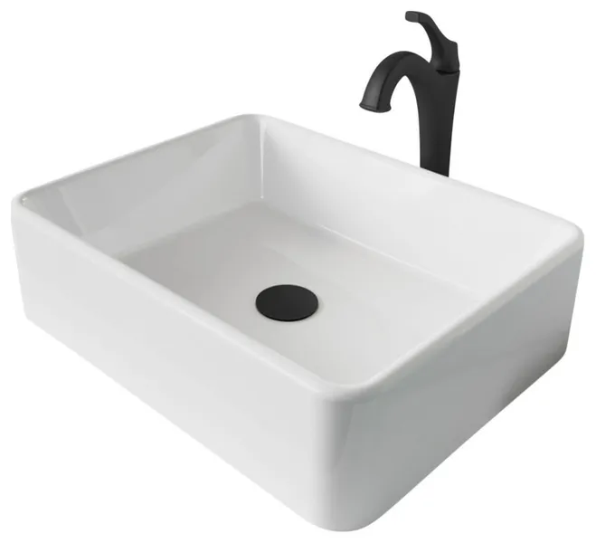 Elavo Rectangle Ceramic Vessel Sink, Bathroom Arlo Faucet, Drain, Matte