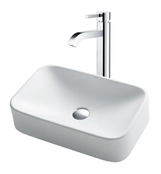 Elavo Rectangle Ceramic Vessel Sink, Bathroom Ramus Faucet, Drain, Chrome