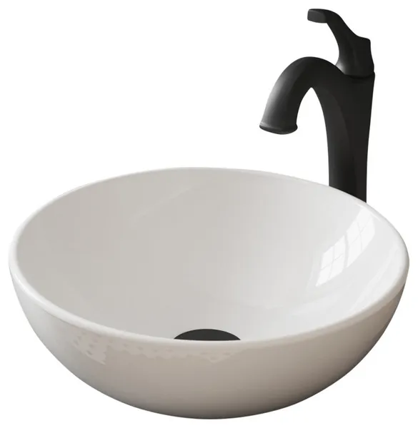 Elavo Round Ceramic Vessel Sink, Bathroom Arlo Faucet, Drain, Matte Black