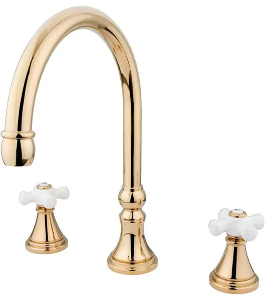 Elegant Bathroom Faucet, White Cross Handles & Adjustable Center, Polished Brass