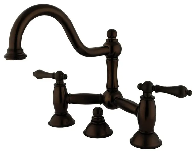 Elegant Bathroom Faucet with Curved Spout and Dual Lever Handles in Brass, Oil Rubbed Bronze