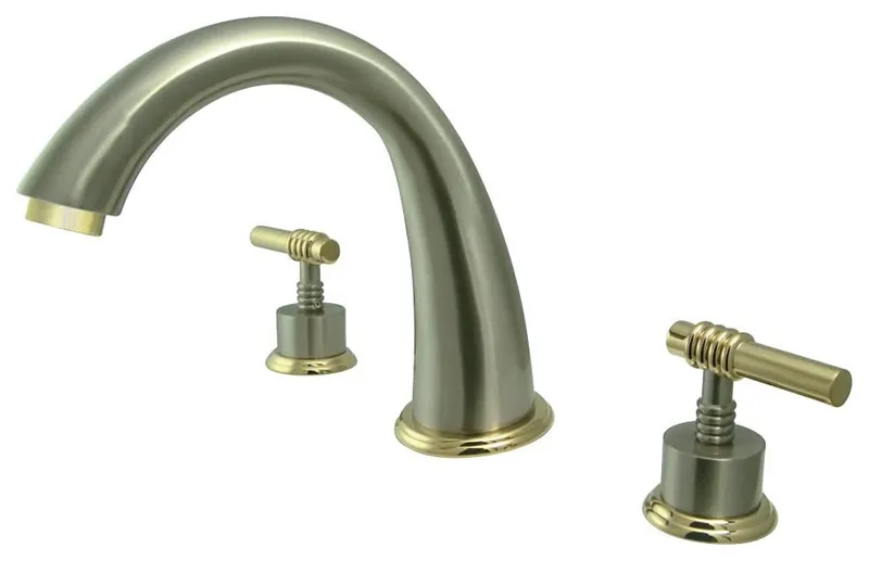 Elegant Bathtub Faucet with Unique Accented Lever Handles and Wide Spread, Brushed Nickel/Polished Brass