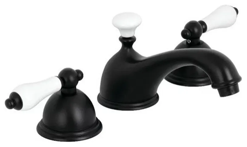 Elegant Widespread Bathroom Faucet with White Lever Handles and Drain, Black