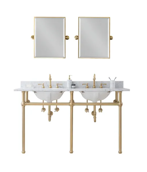 Embassy 60" Wash Stand, Counter Top, F2-0012 Faucet, Mirror, Satin Gold Finish