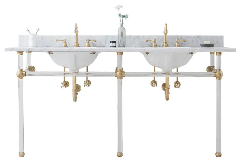 Empire 72" Wide Double Wash Stand, Counter Top With Basin, Satin Gold Finish