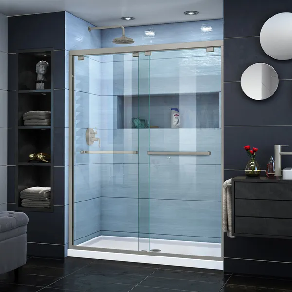 Encore 30"Dx60"W Bypass Shower Door, Brushed Nickel, Center Drain White Base Kit