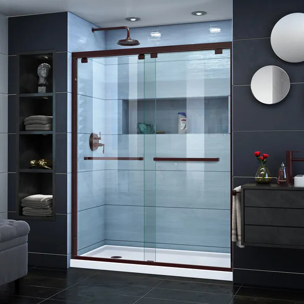 Encore 30"Dx60"W Bypass Shower Door,Oil Rubbed Bronze,Left Drain White Base Kit