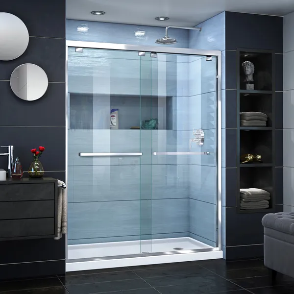 Encore 30"Dx60"Wx78 3/4"H Bypass Shower Door, Chrome, Right Drain White Base Kit