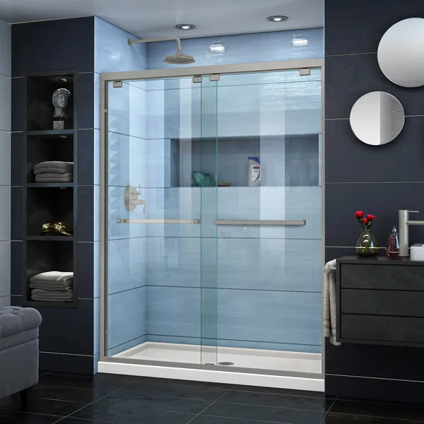 Encore 32"Dx54"W Bypass Shower Door,Brushed Nickel,Center Drain Biscuit Base Kit