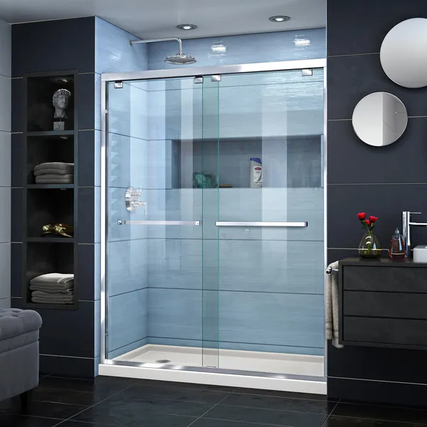 Encore 32"Dx60"Wx78 3/4"H Bypass Shower Door,Chrome,Left Drain Biscuit Base Kit