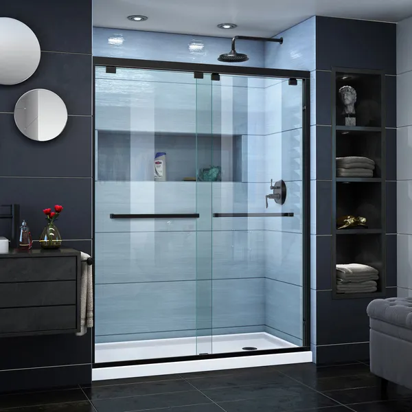 Encore 34"Dx60"W Bypass Shower Door, Satin Black, Right Drain White Base Kit
