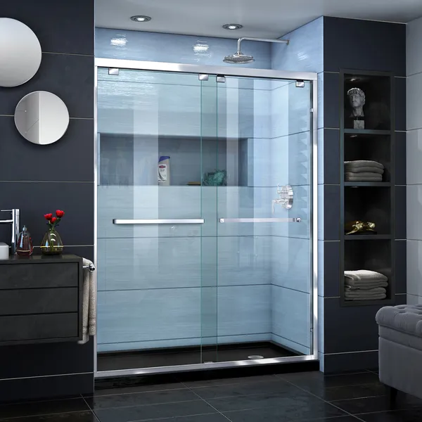 Encore 34"Dx60"Wx78 3/4"H Bypass Shower Door, Chrome, Right Drain Black Base Kit