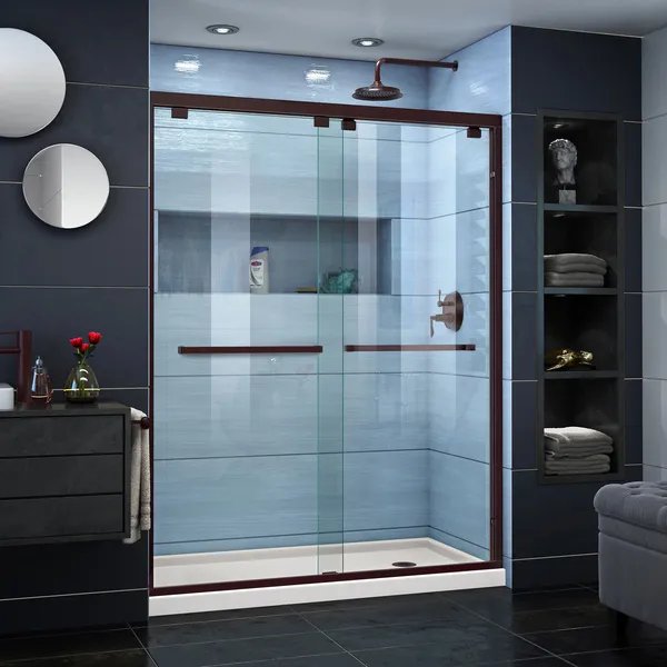Encore 34"x60" Bypass Shower Door,Oil Rubbed Bronze,Right Drain Biscuit Base Kit