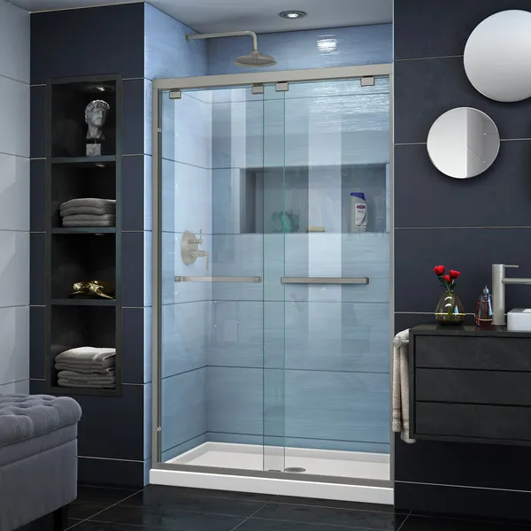 Encore 36"Dx48"W Bypass Shower Door,Brushed Nickel,Center Drain Biscuit Base Kit
