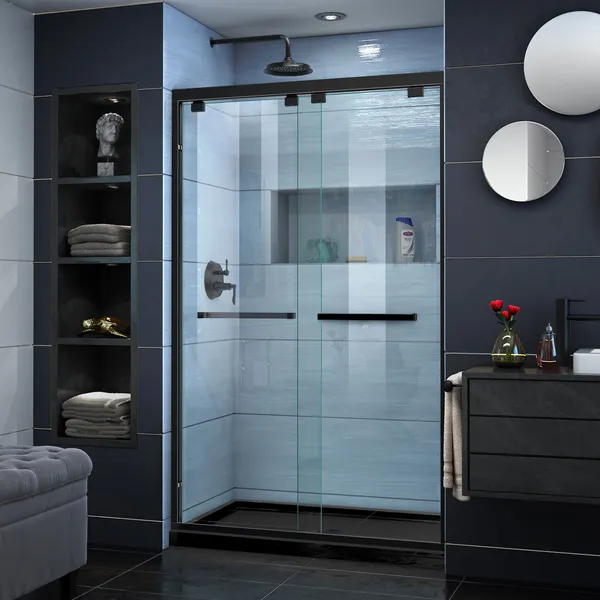 Encore 36"Dx48"W Bypass Shower Door, Satin Black, Center Drain Black Base Kit