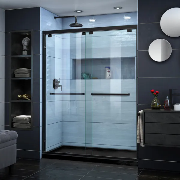 Encore 36"Dx60"W Bypass Shower Door, Satin Black, Left Drain Black Base Kit
