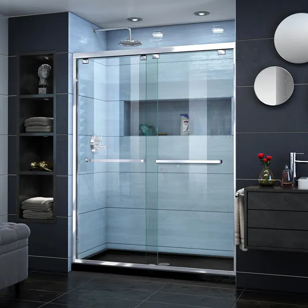 Encore 36"Dx60"Wx78 3/4"H Bypass Shower Door,Chrome,Center Drain Black Base Kit