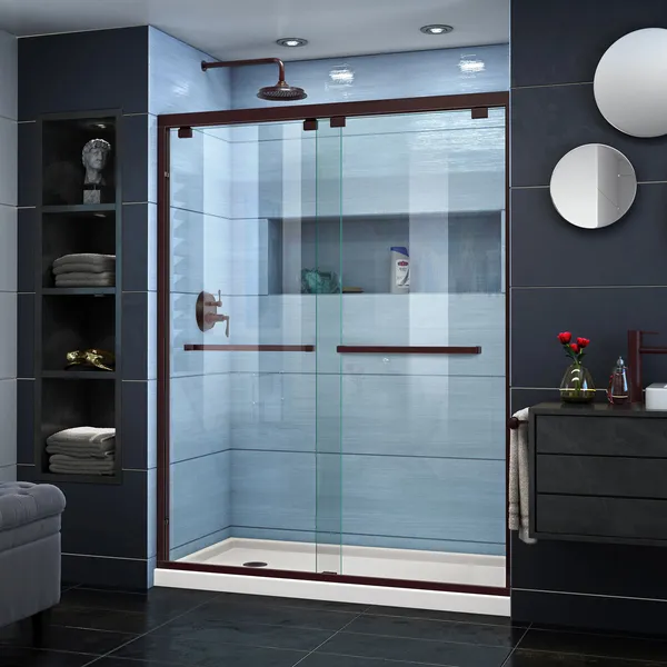 Encore 36"x60" Bypass Shower Door,Oil Rubbed Bronze,Left Drain Biscuit Base Kit