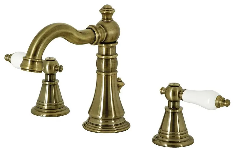 English Classic Widespread Bathroom Faucet with White Lever Handles, Antique Brass
