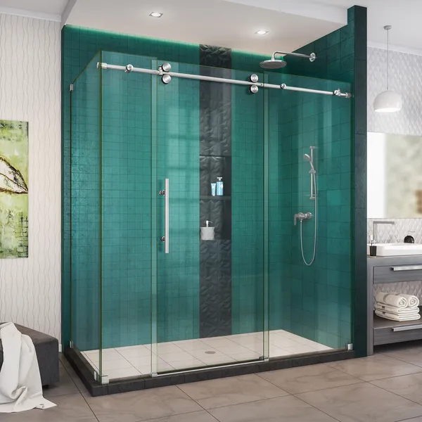 Enigma-XO 32.5"x68.38-72.38" Frameless Shower Enclosure, Brushed Stainless Steel