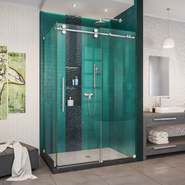 Enigma-XO 34.5"x44.38-48.38" Frameless Shower Enclosure,Polished Stainless Steel