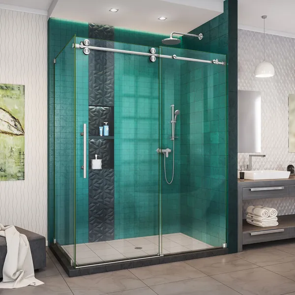 Enigma-XO 34.5"x56.38-60.38" Frameless Shower Enclosure, Brushed Stainless Steel
