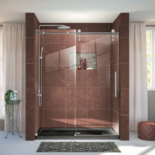 Enigma-Z 56-60"W Fully Frameless Sliding Shower Door, Brushed Stainless Steel
