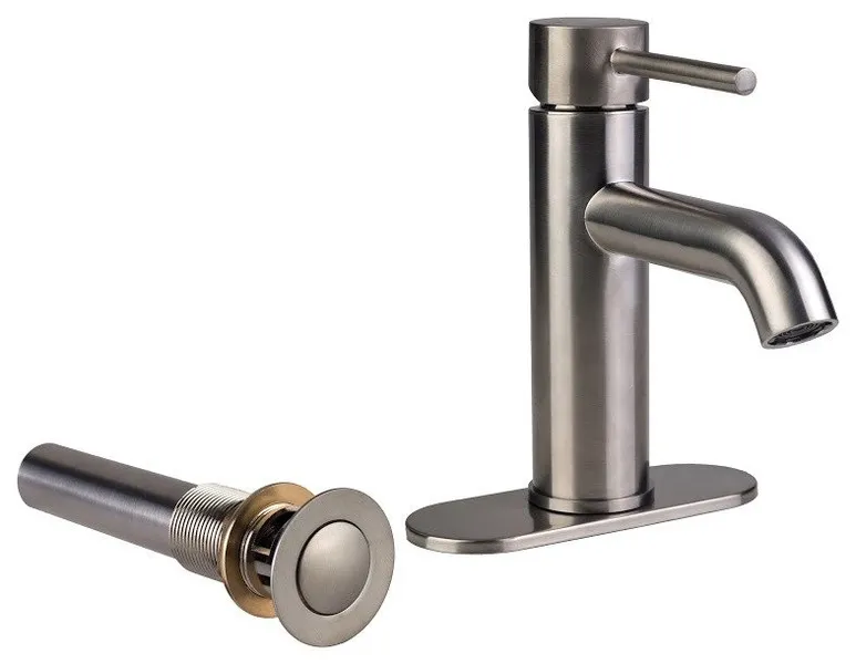 European Single Post Bathroom Faucet with Drain and Deck Plate Brushed Nickel