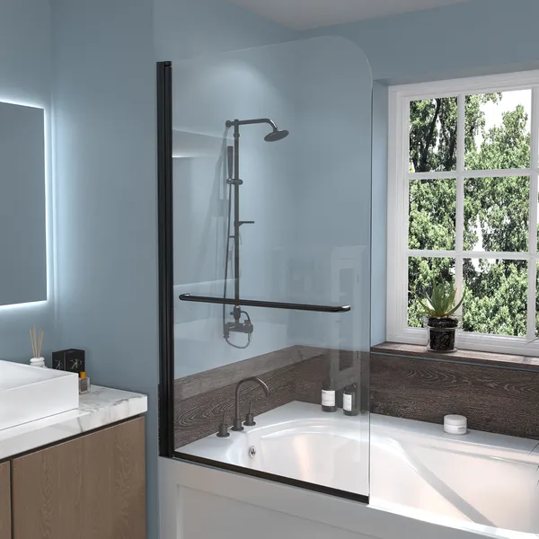 ExBrite 34"x58" Hinged Frameless Bathtub Shower Door, Matel Black