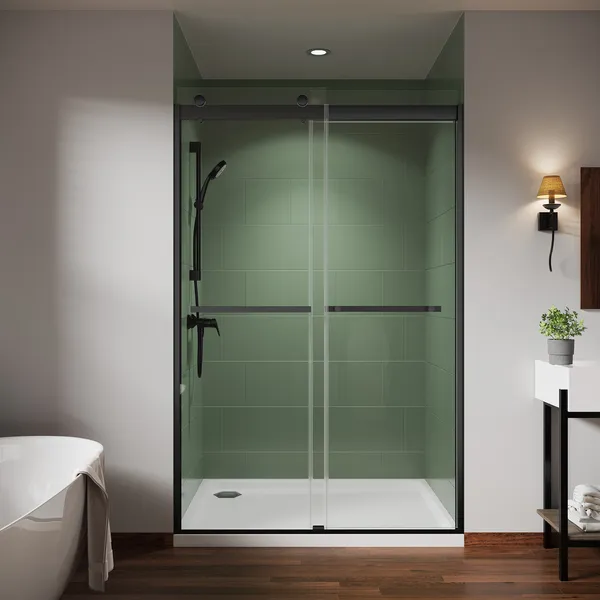 ExBrite 48"Wx74"H Frameless Double Sliding Shower Door, Clear Glass, Matel Black