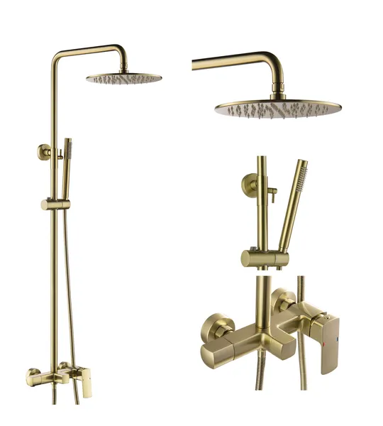 Exposed Wall Mounted Shower System with Handheld Shower & Tub Faucet, Brushed Gold