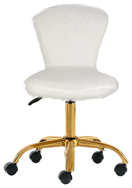 Faux Fur Upholstered White Makeup Vanity Chairs With Golden Chrome Base