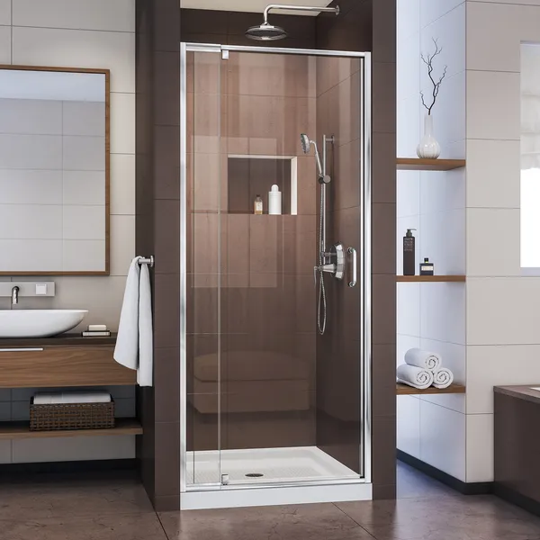 Flex 32"Dx32"W Semi-Frameless Pivot Shower Door, Chrome, Center Drain White Base