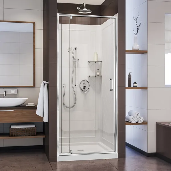 Flex 32" Dx32"W Semi-Frameless Shower Door, Chrome, White Base, Backwalls